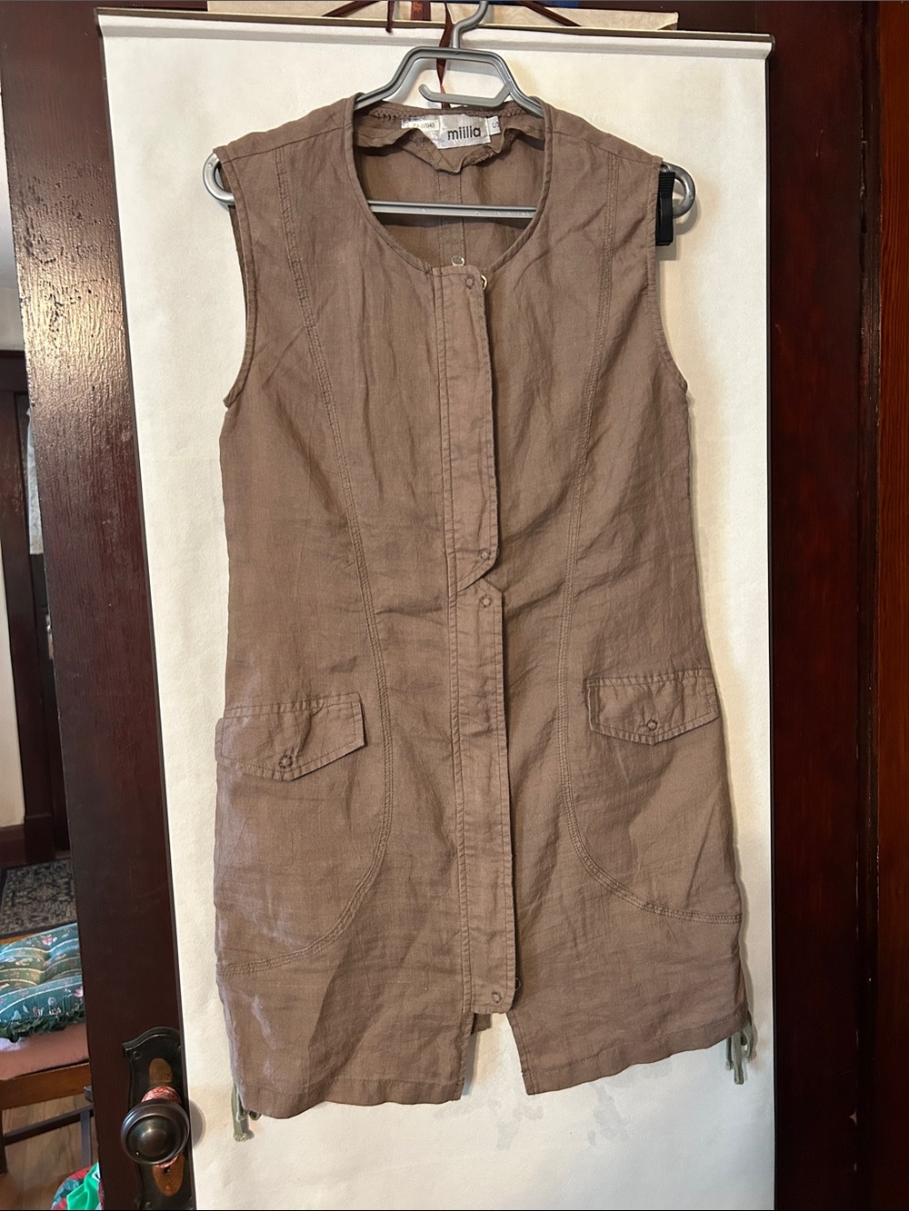 Miilla 100% Linen Tunic Dress in Taupe Brown 2 pockets, Small
